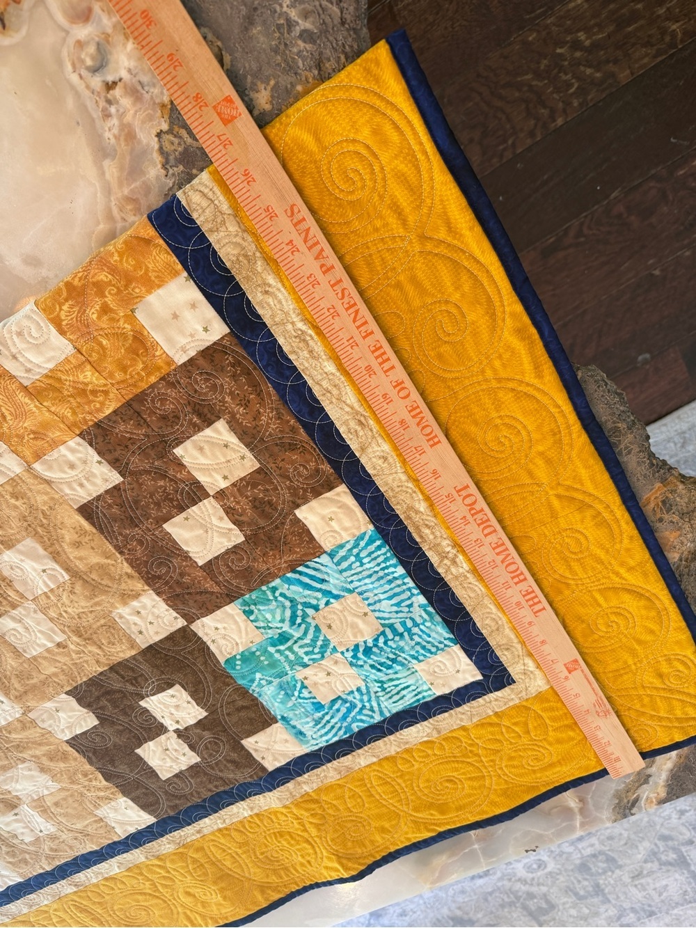 Vintage Patchwork Quilt in Mustard, Brown & Teal Accents - Picture 5 of 7